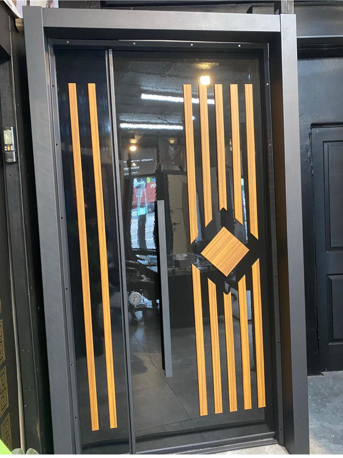 Black Glass & Wood Geometric Entrance Door - 16 Pcs Entrance Door