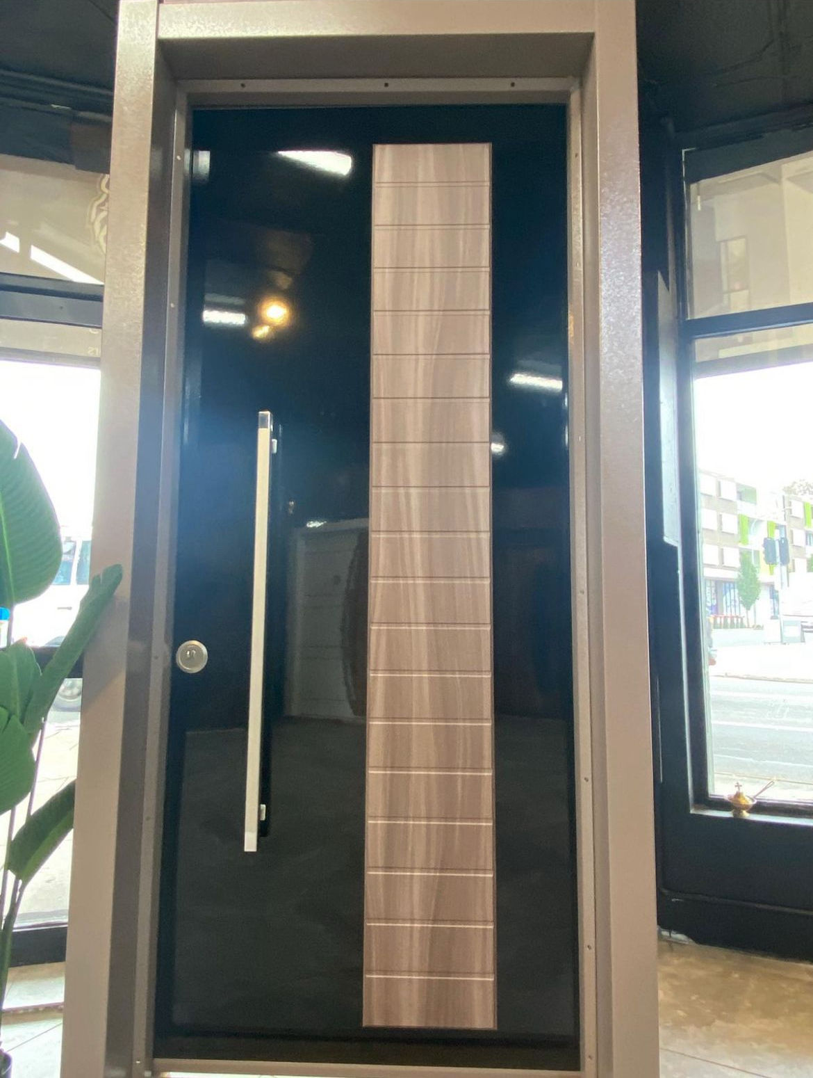 Black Glass Panel Entrance Door with Wood Inlay - 8 Pcs Entrance Door