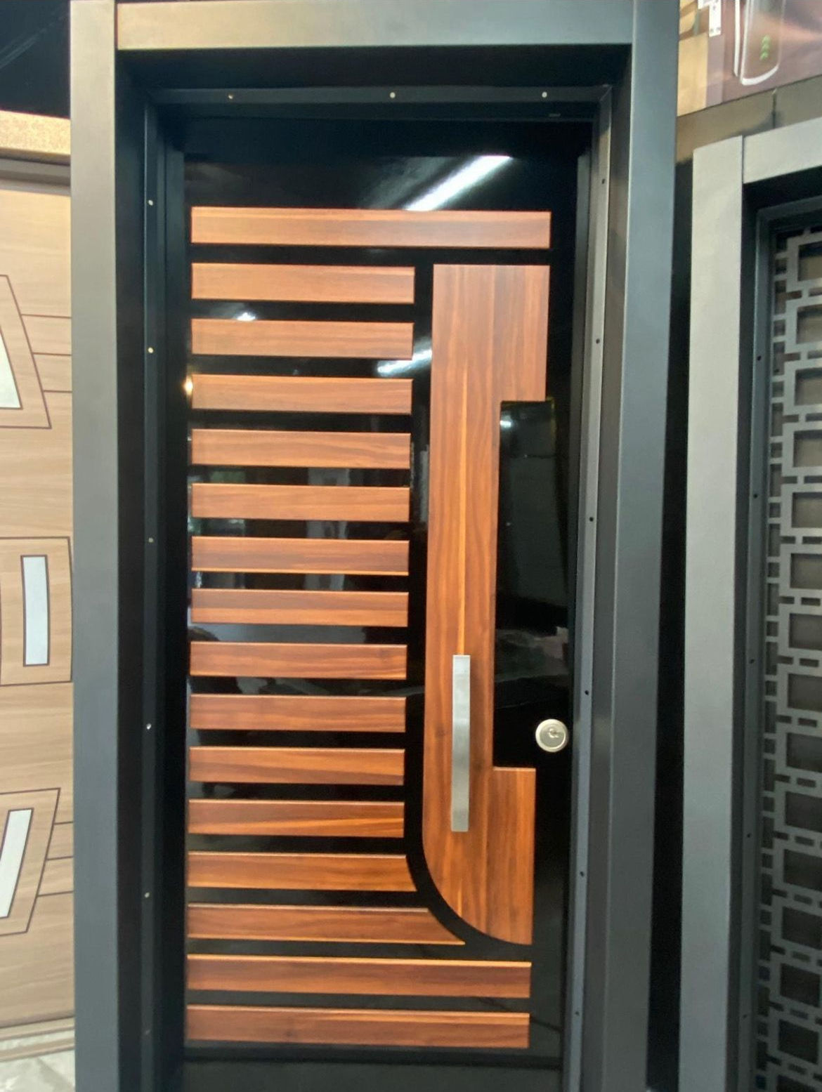 Striped Modern Wood & Steel Entrance Door