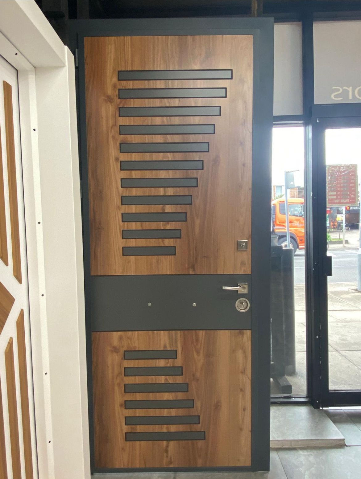 Modern Linear Wood & Steel Door